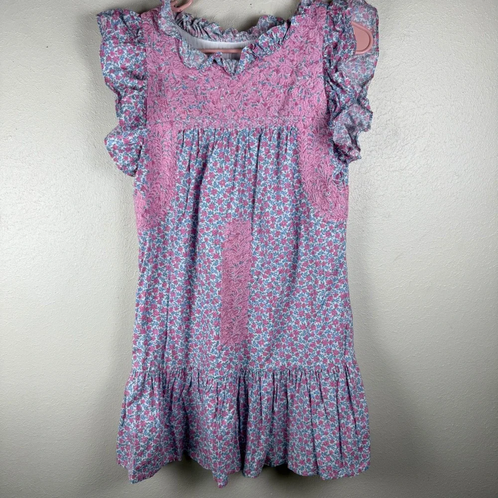 J. Marie Pink Blue Floral Embroidered Ruffle Flutter Sleeve Mini Dress XS